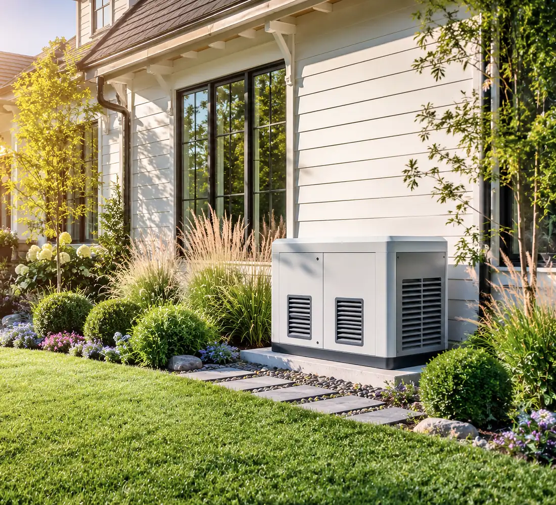 A standby generator on a concrete pad beside a house, set in a landscaped garden