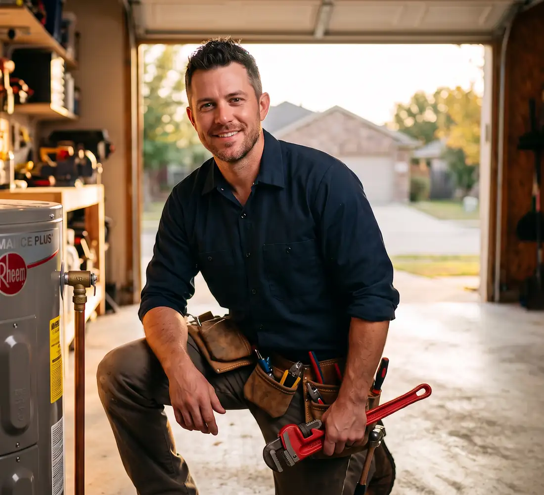 A plumber kneeling with a pipe wrench beside a residential water heater