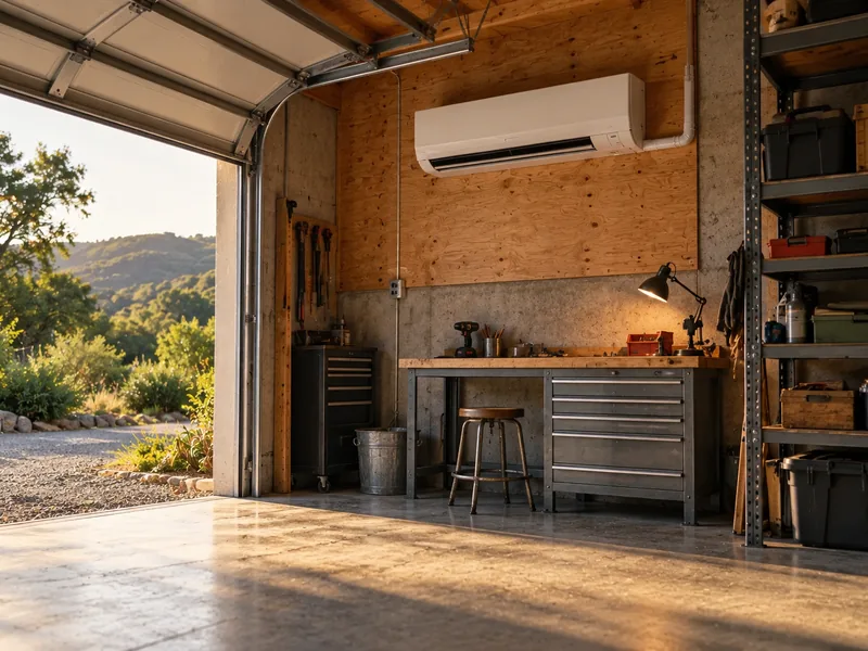 A mini-split on the plywood wall of a garage workshop, above the workbench