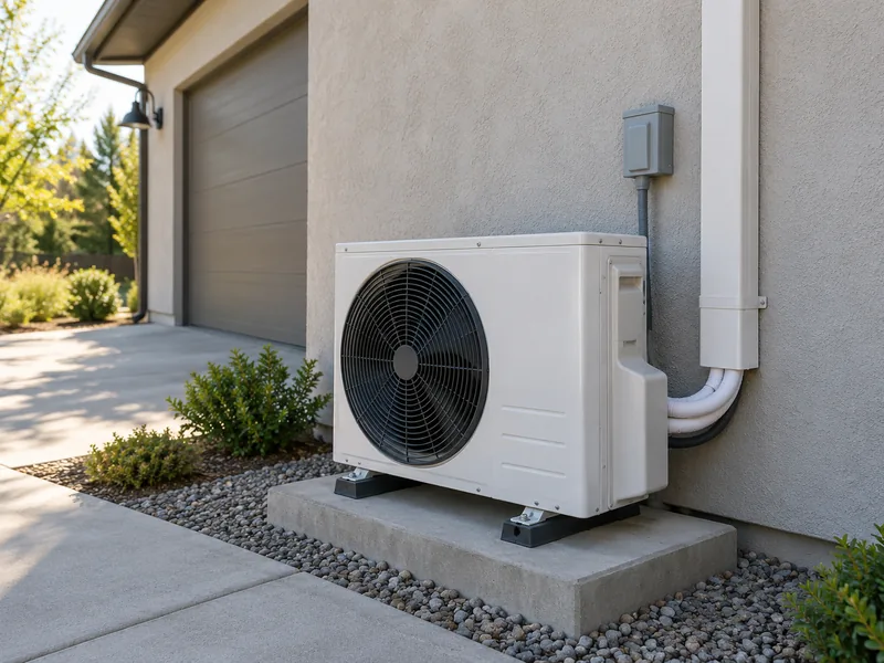A mini-split outdoor unit on a concrete pad beside a house, its line set running up the wall