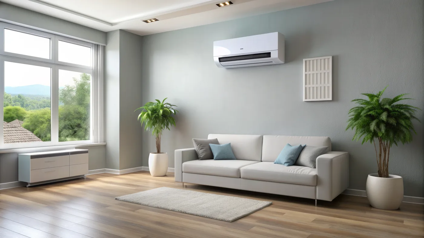 A white ductless mini-split mounted high on a living-room wall above a sofa