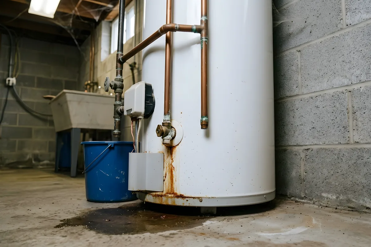 A corroded water heater leaking onto a concrete floor