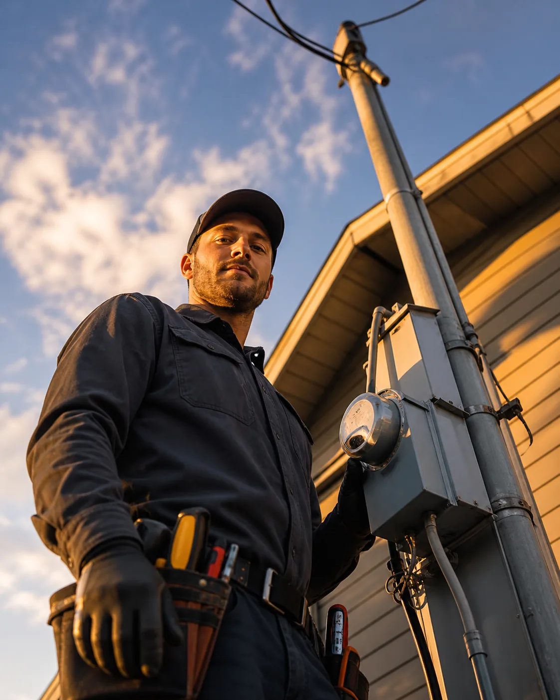 An electrician at the meter and service mast on the side of a house, photographed from below at golden hour