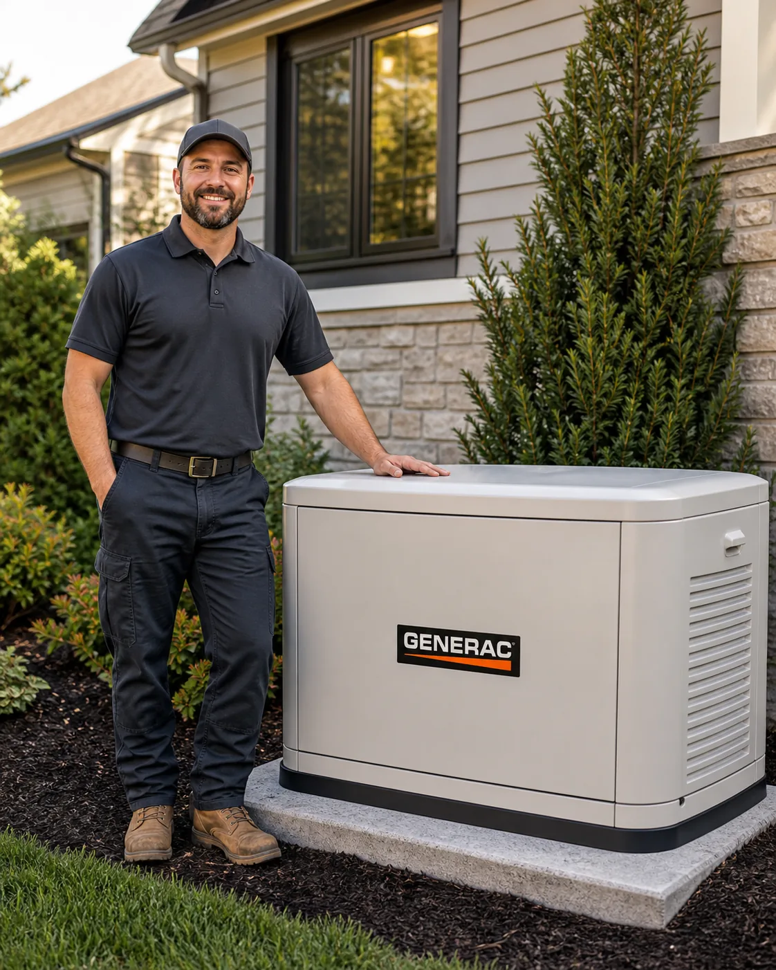 A technician standing beside a Generac standby generator on a concrete pad at the side of a house