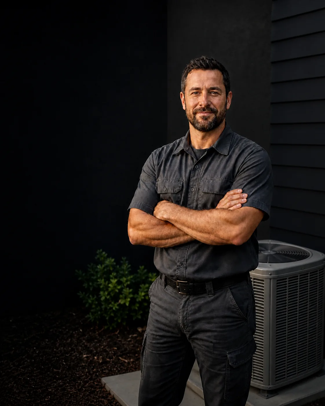 A technician standing with folded arms beside a residential air-conditioning condenser, photographed from below
