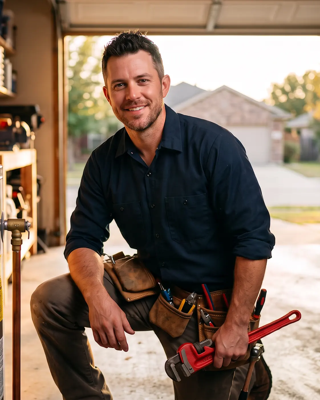 A plumber kneeling with a pipe wrench beside a residential water heater